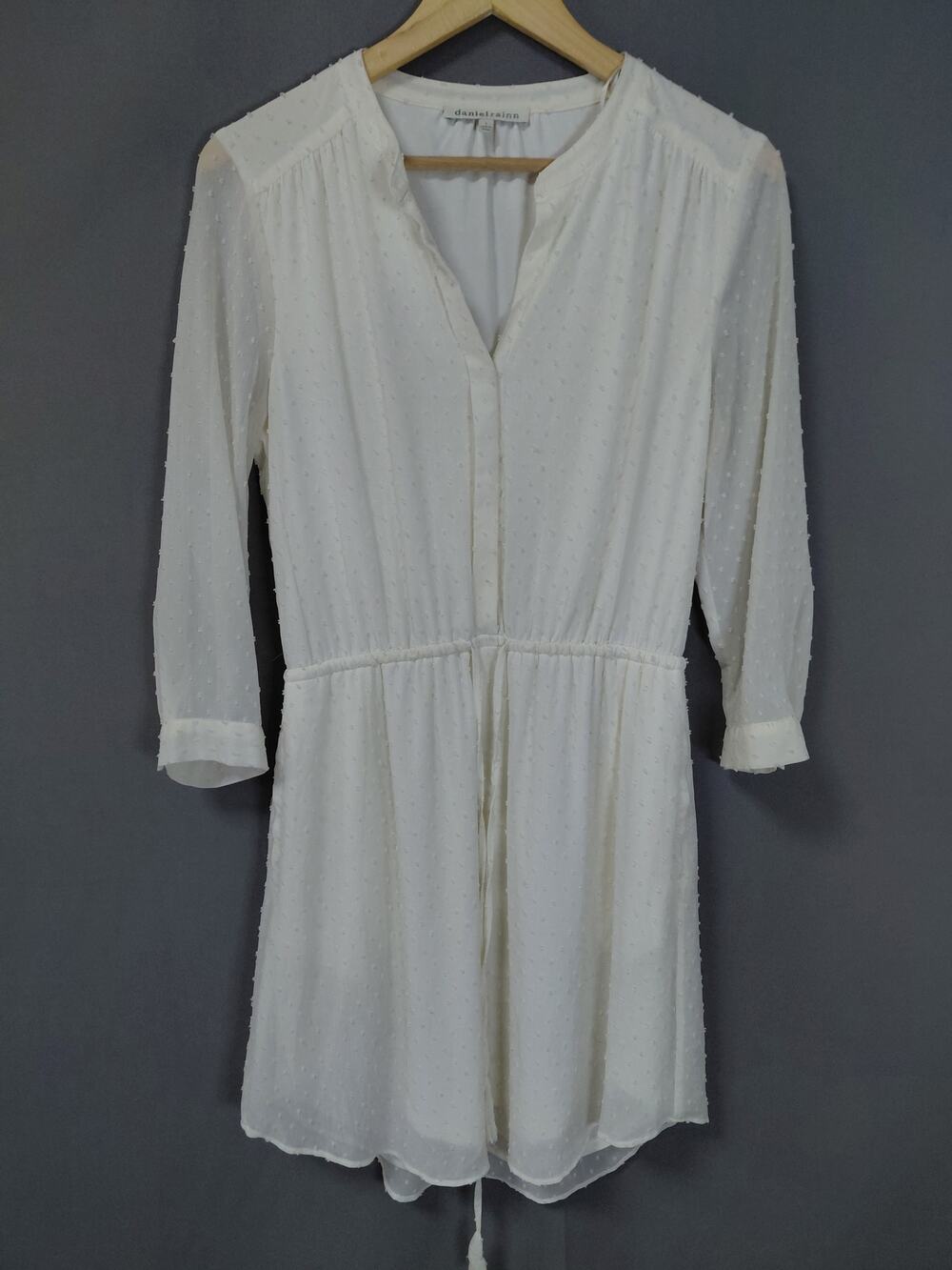 Daniel Rainn White Swiss Dot Chiffon 3/4 Sleeve V-Neck Dress Women Size S
